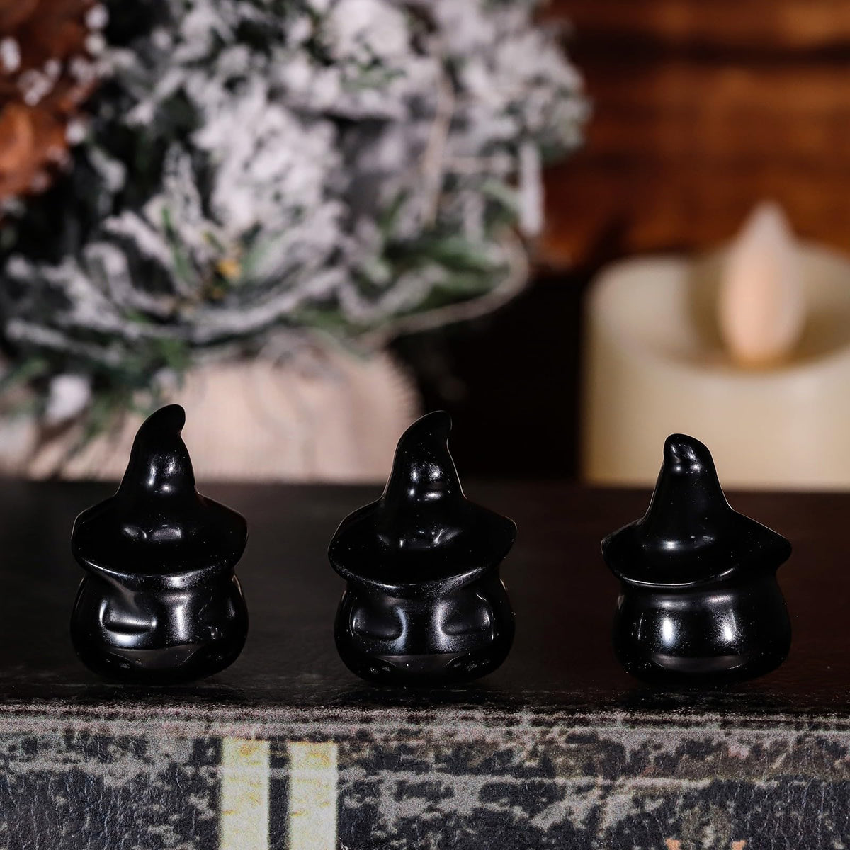 mookaitedecor Set of 2 Hand Carved Crystal Pumpkin Ghost Figurine, Mini Pocket Stone Statue Pumpkin Sculpture for Halloween Party Tabletop Decoration, Black Obsidian