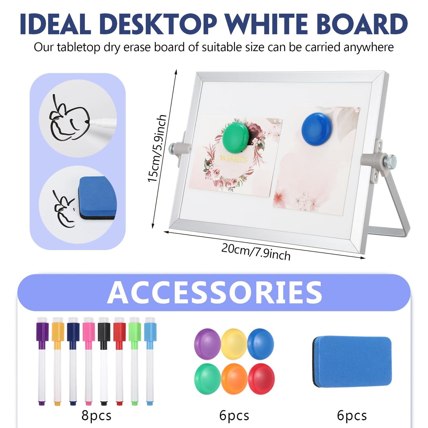6 Pcs Small Dry Erase White Board with Stand 6 x 8'' Double Sided Magnetic Tabletop Whiteboard Mini Dry Erase Easel Board with 8 Markers 6 Magnets 6 Eraser for Drawing Office School Home