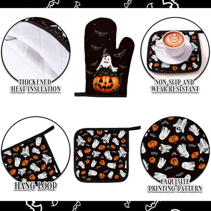 Fourluoo 10 Pcs Halloween Ghost Kitchen Decor Set Kitchen Rugs Dish Towels Oven Mitts and Pot Holders Set Ghost Decorations for Halloween Cooking Baking Grilling