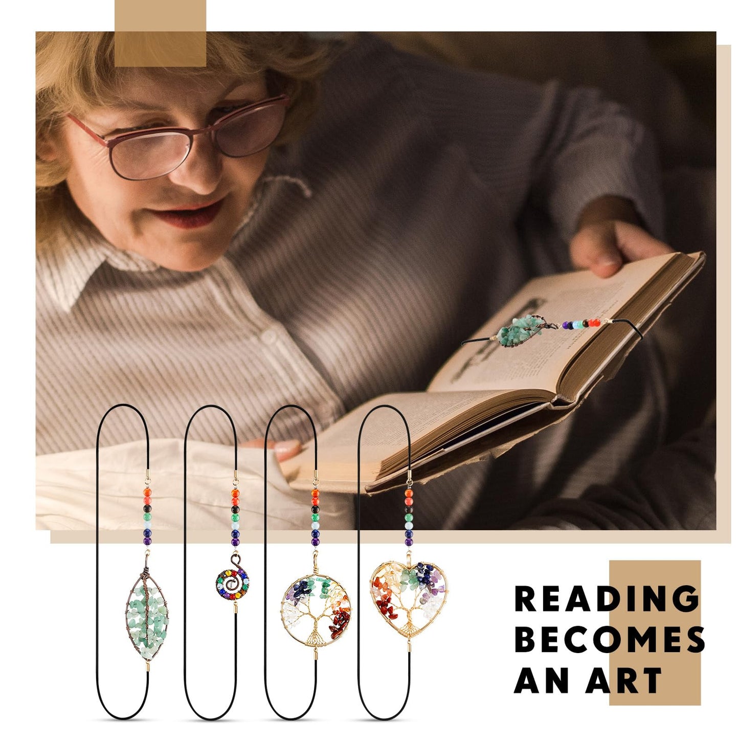 Sabary 4 Pieces Crystal Bookmarks for Book Lovers Tree Elastic Bookmark for Women Handmade Antique Beading 7 Chakra Crystals Tree Shape for Office Teacher Student Reading Birthday Gifts