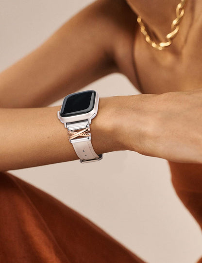 Minyee Leather Band Compatible with Apple Watch 38/40/41/42mm Women, Dressy Slim Premium Leather Strap with X-Shape Metal Buckle for iWatch Series 11 10 9 8 7 6 5 4 SE/Ultra 3 2 1, Rose Gold/Sliver