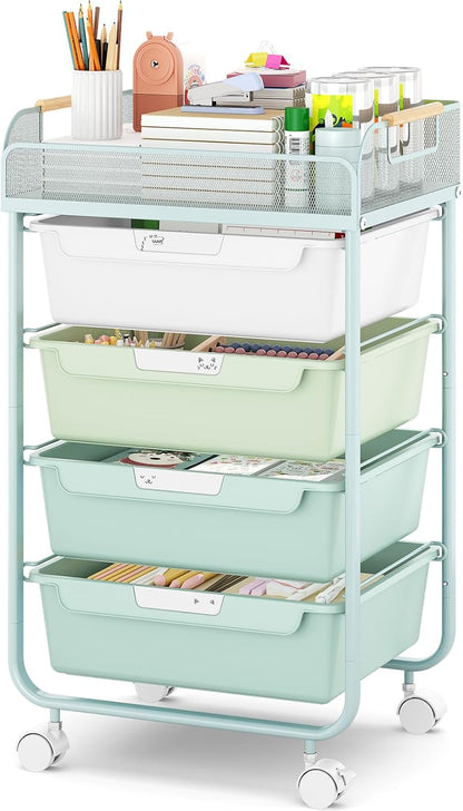 Rolling Utility Storage Cart with 4 Drawers - 4 Tiers Rolling Cart Craft Cart, Storage Drawer Cart Organizer for Craft Room Office Bedroom Classroom with Mesh Top & 4 PCS DIY Lable, Green