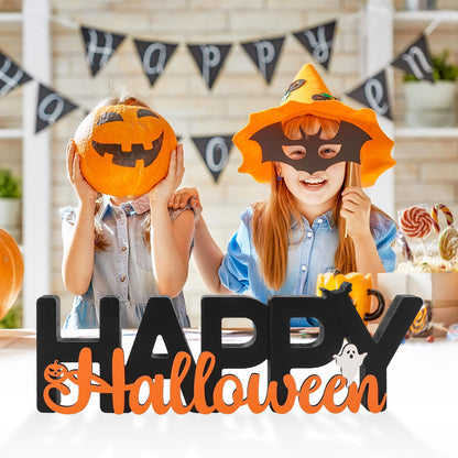 COCHIE Wooden Happy Halloween Sign, Ghost Decorations for Home, Office, Shelf, Mantel, Indoor, Wood J-o-lantern Pumpkin Decor, Black Orange Spooky Table Top Party Decoration (Happy Halloween)