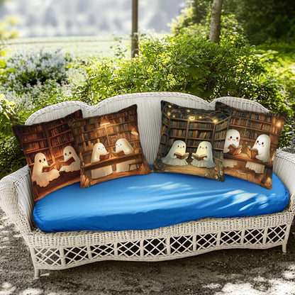 YucZiken Cute Ghost Reading Throw Pillow Covers 18x18 Set of 4 | Halloween Library Book Lover Cushion Cases for Couch Sofa | Spooky Cozy Decorative Square Pillowcases for Living Room Bedroom