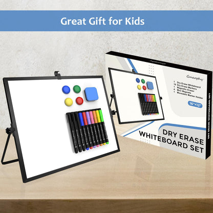 Dry Erase White Board, 16x12 Inches Double-Sided Desktop Whiteboard with Stand, Portable Whiteboard with Markers, Magnets, Eraser, Magnetic White Board Easel for Office Home Memo to Do List, Black