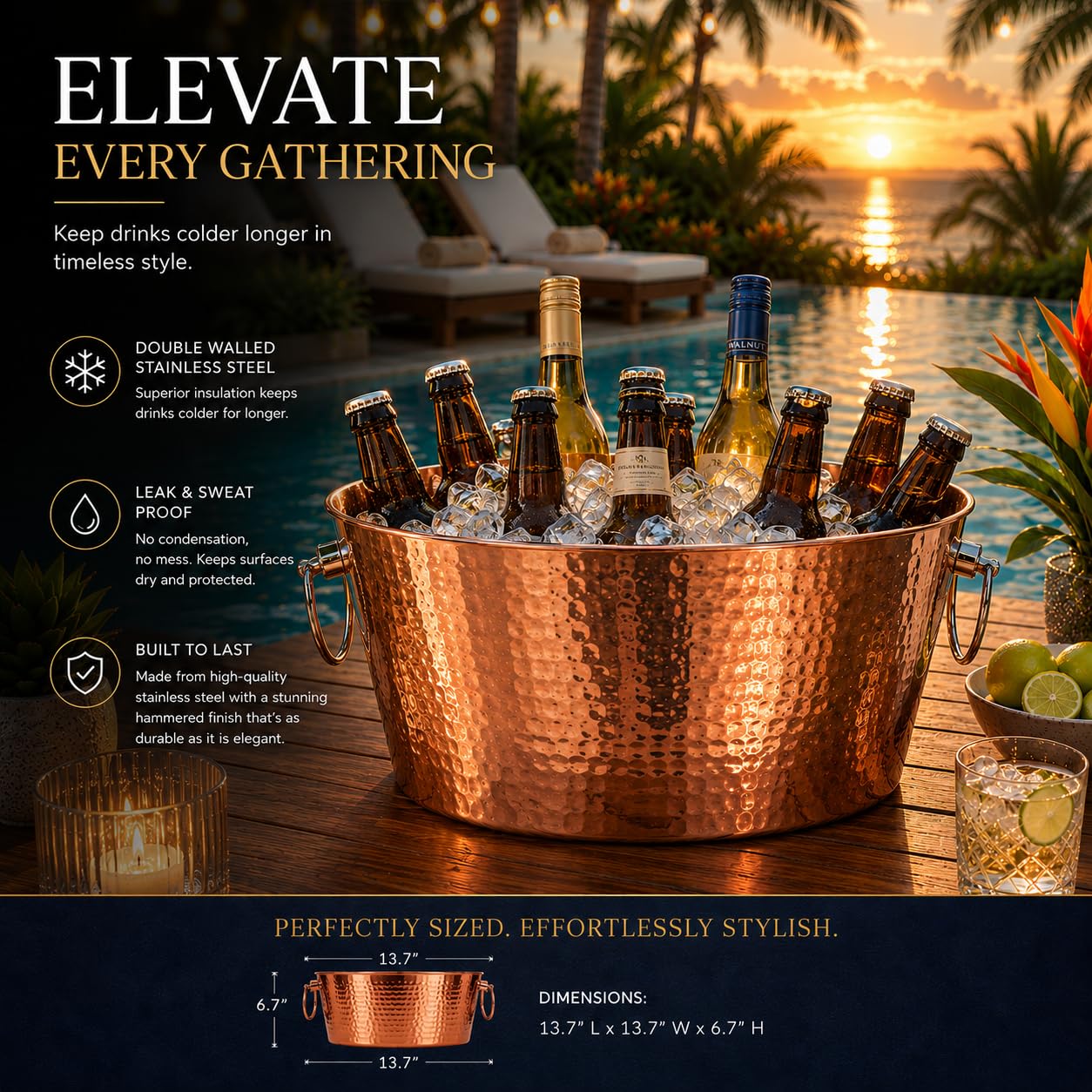 BREKX Insulated Rose Copper Double Walled Ice Bucket for Parties, Anchored Wine Bucket/Large Ice Bucket with Handles, Drink Cooler for Parties, 12 Quarts (3 Gallon)