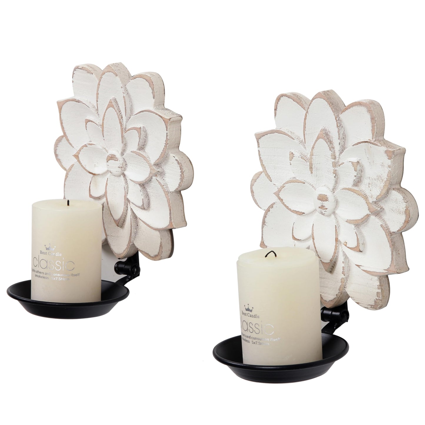 Farmhouse Candle Sconces Set of Two, Handcarved Wall Candle Holders Decorative, Flower Pattern, Distressed Finish Rustic Candle Holder Wall Decor for Living Room, Hallway