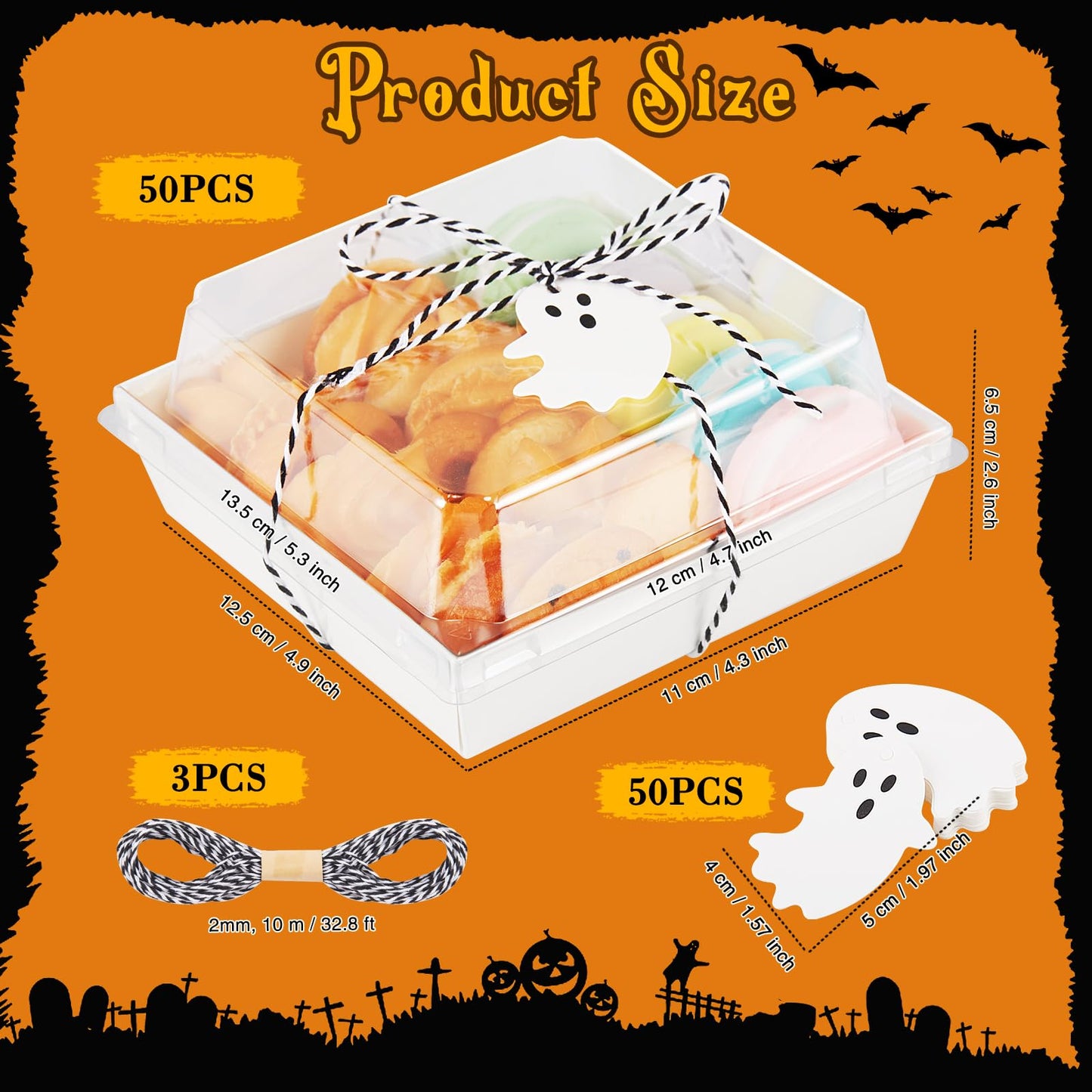 Yaomiao 50 Pcs Halloween Ghost Charcuterie Boxes with Clear Lids Rope Card 5.3 Inch Square Disposable Paper Food Containers Bakery Dessert Treat Boxes for Cake Cookie Sandwich Halloween Party Favors