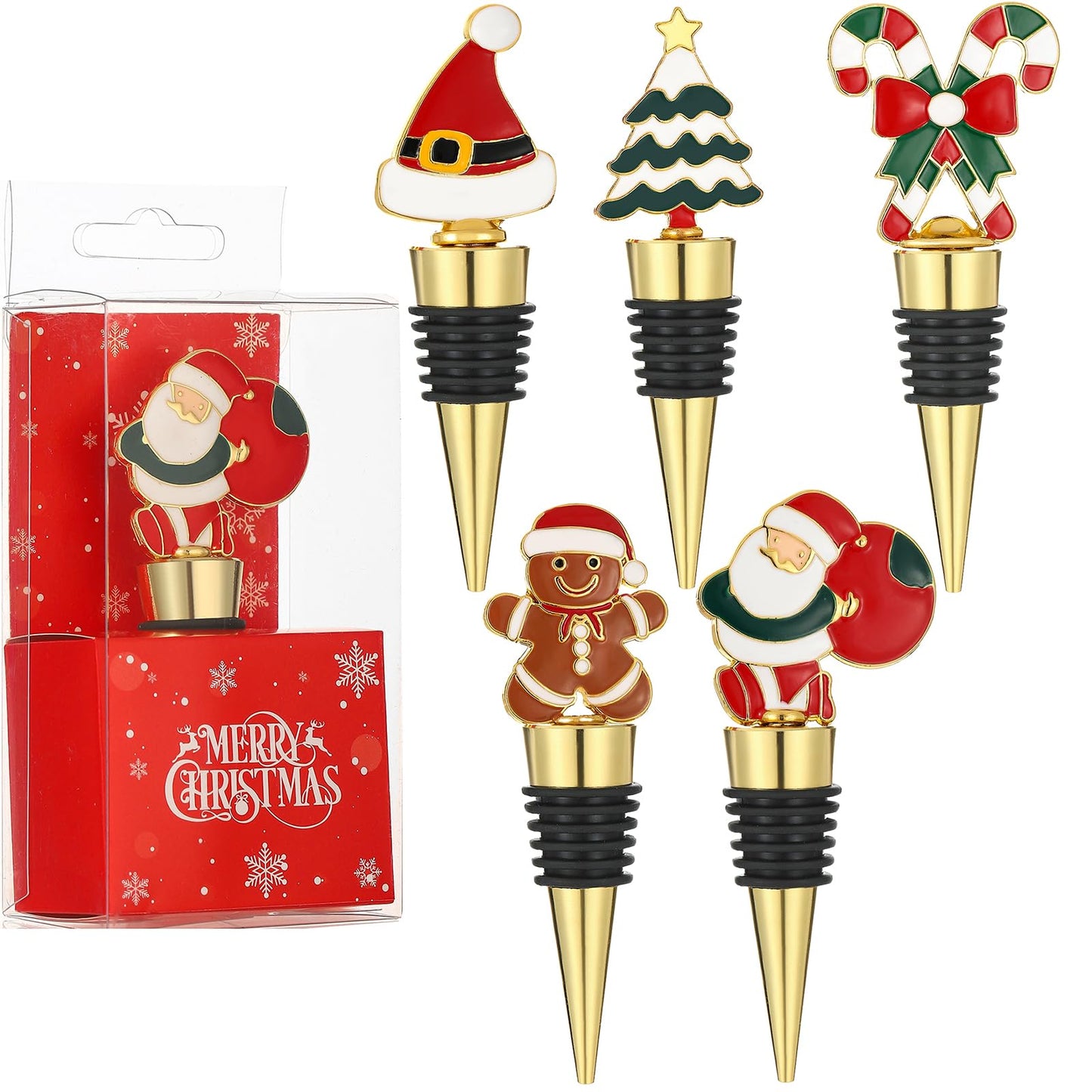 5 pcs Christmas Wine Stopper Christmas Wine Bottle Stoppers for Xmas Decor Winter Decor-Wine and Beverage Bottle Stopper for Christmas,Christmas Decoration Wine Stopper (Red and Green)