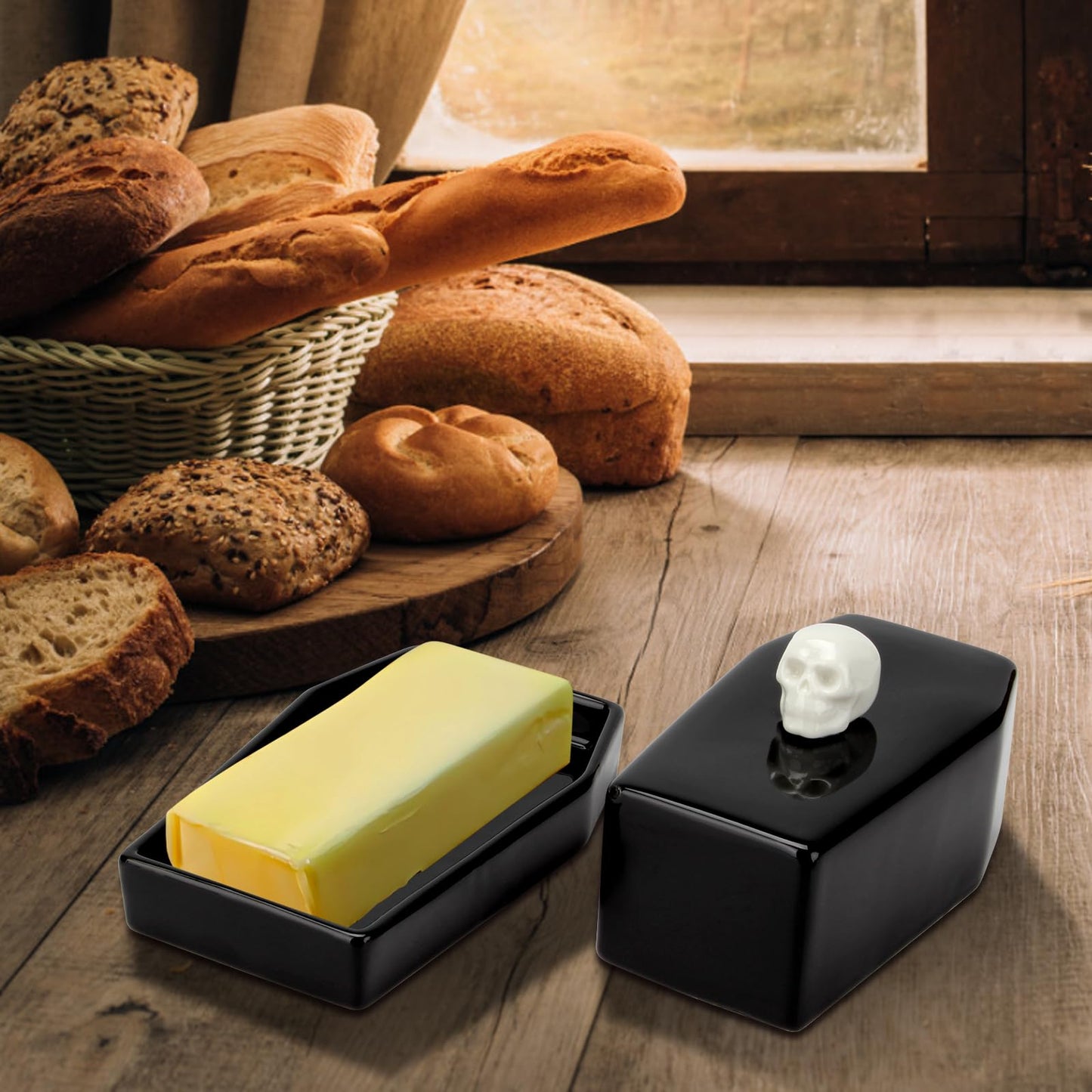 Kcgani 1 Pcs Ceramic Butter Dish with Lid Set, Black Gothic Skull Shape Butter Container Holds for Countertop, Ceramic Gothic Kitchen Utensils Butter Keeper for Table Decor Festivities Party Supplies