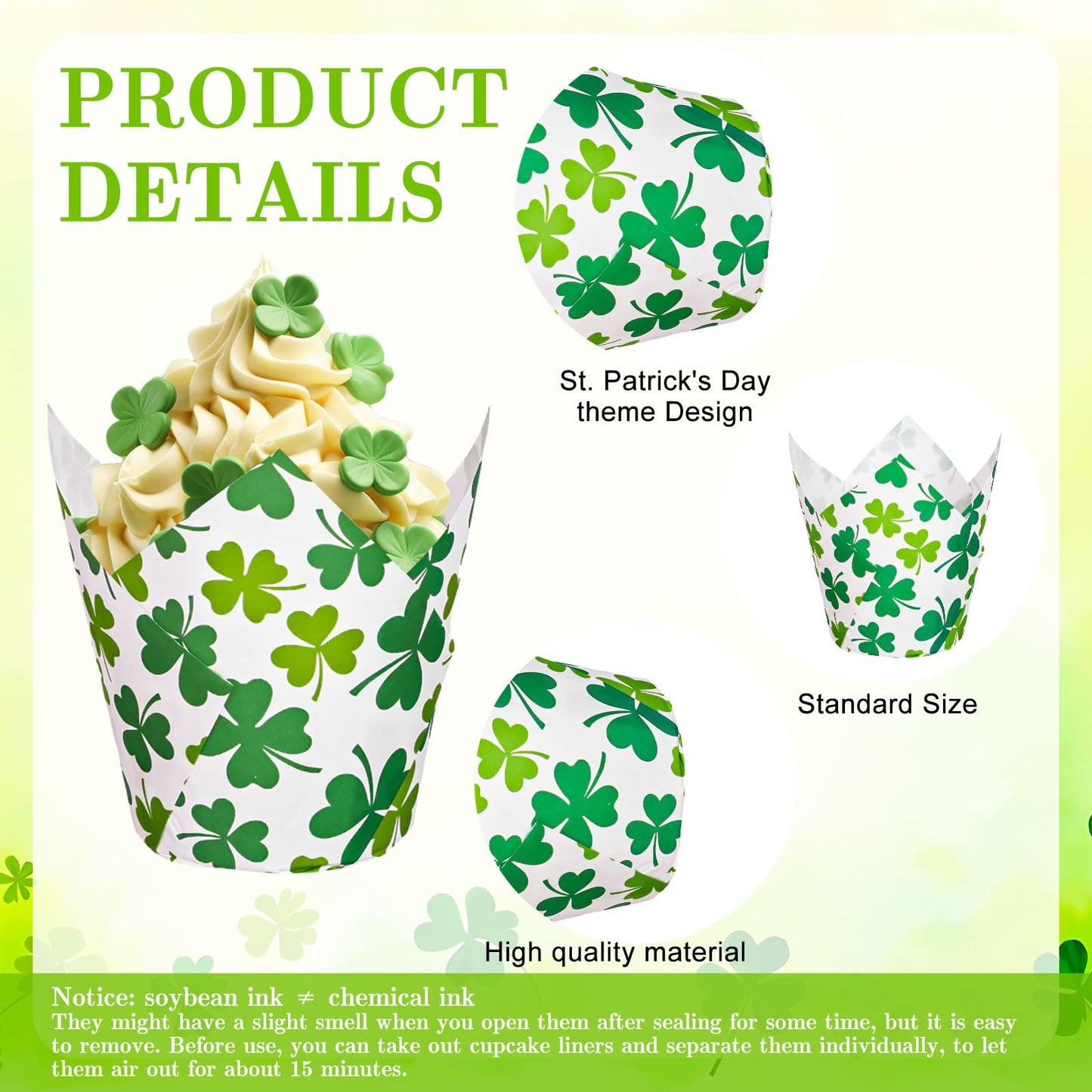 FYSUIMU 200Pcs St. Patrick's Day Tulip Cupcake Liners Green Shamrock Muffin Baking Cups Clover Cupcake Wrappers for Spring Irish Holiday Party Supplies