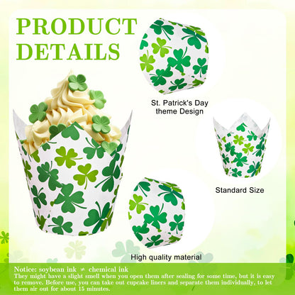 FYSUIMU 200Pcs St. Patrick's Day Tulip Cupcake Liners Green Shamrock Muffin Baking Cups Clover Cupcake Wrappers for Spring Irish Holiday Party Supplies