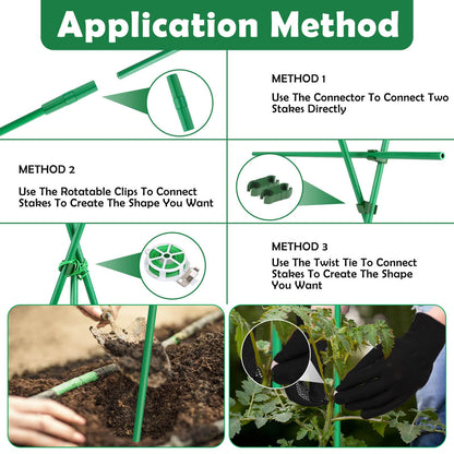 Cludoo 393PCS Garden Stakes Set with 120 Sets Fiberglass Plant Stakes Sticks Supports and Accessories, DIY 4ft 5ft 6ft 7ft Tomato Stakes for Tomato,Vegetables, Pepper, Indoor Outdoor Spring Plants