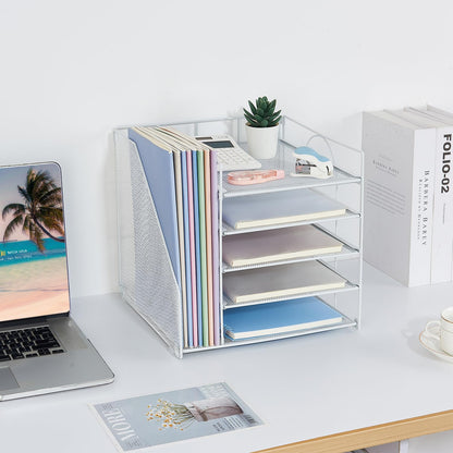 LEKETREE Desk Organizers and Accessories, 5-Tier Paper Letter Tray Organizer with File Holder, Desktop Organizer for Office Supplies (White)