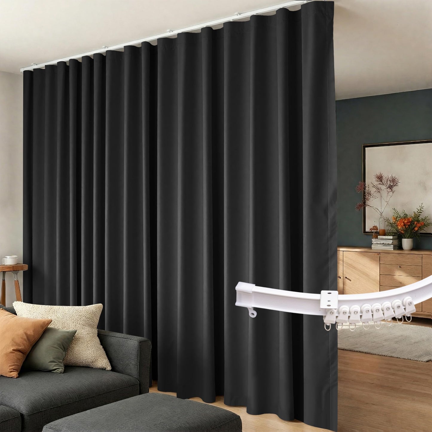 Room Divider Curtains Flexible Ceiling Tracks set,Blackout Ceiling Track Curtain for Sliding Glass Door Living Room Bedroom,Ceilings Curtain Rod Privacy Divider Panel W100xH84 Black Drape&White rail