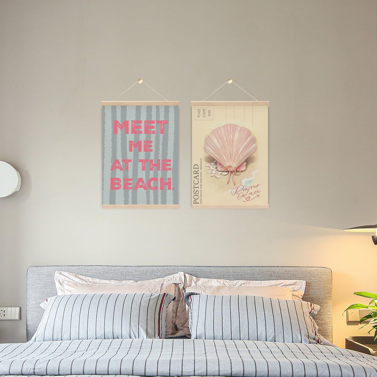 Set Of 2 Meet Me At The Beach Poster Hanger,Preppy Pink Seashell Coastal Wall Art With Wooden Poster Hanger,Aesthetic Seashell Art Posters Decor for Girls Room Dorm Apartment Decor 15.8x11.8 Inch