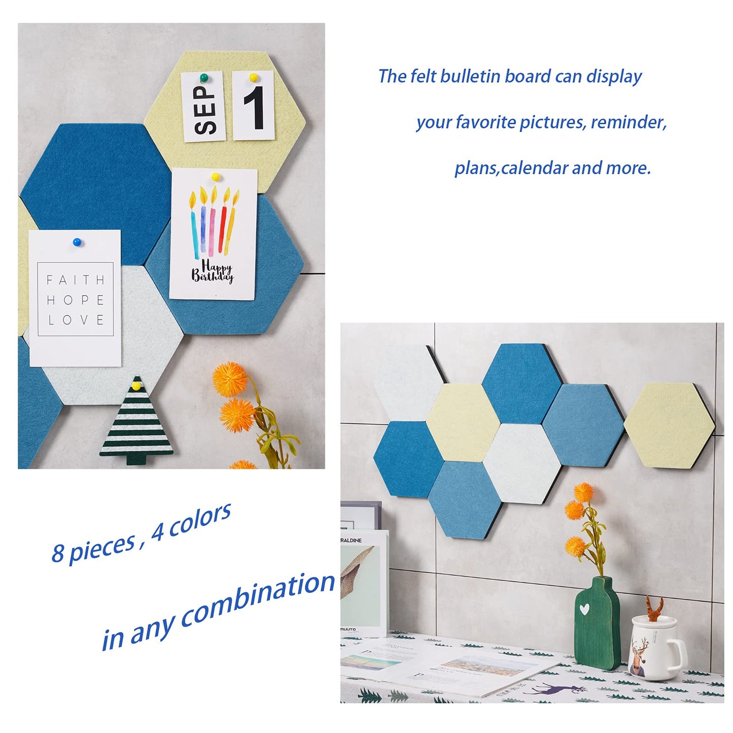 Afumazi 8Pcs Hexagon Felt Cork Board Tiles Self Adhesive Bulletin Board, Pin Board for Wall Decor Memos Photos Display (Set A)