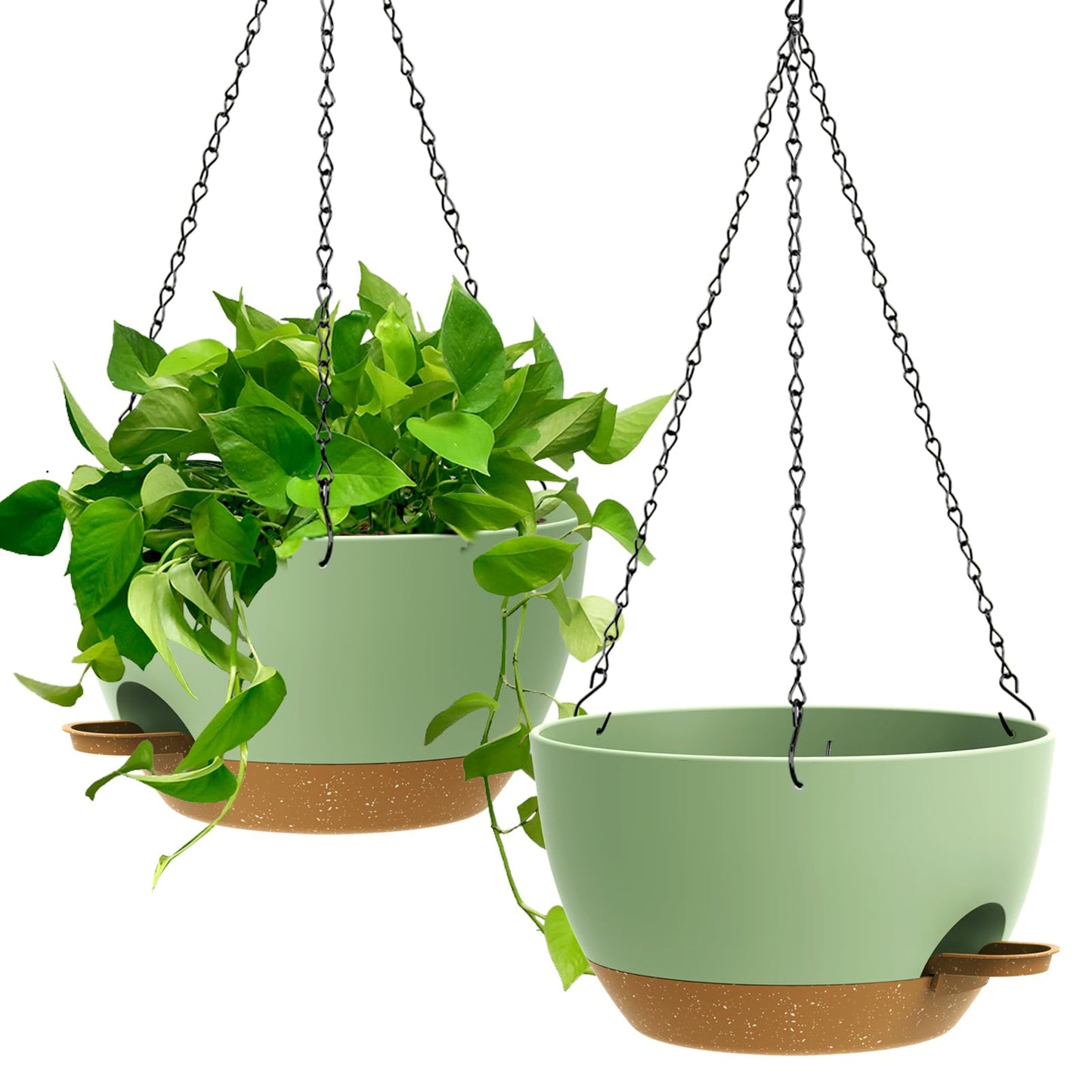 UOUZ 13 Inch 2 Pack Large Self Watering Hanging Planters for Indoor Outdoor Plants, Hanging Plant Pots with Removable 50 Oz Reservoir, Plastic Hanging Basket for Window Porch Garden, Green with Brown