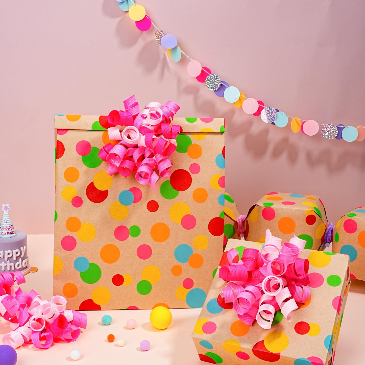 BIOBROWN Kraft Wrapping Paper Roll Colorful Polka Dots Design Perfect for Birthday Holiday Wrap 17 inch X 33 feet