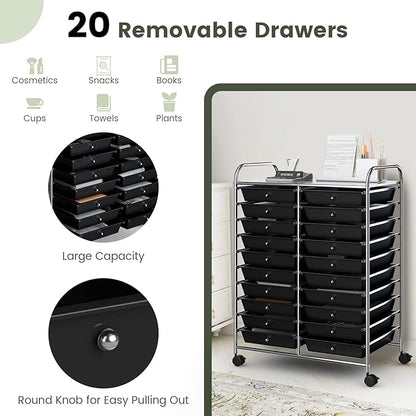 COSTWAY 20-Drawer Rolling Storage Cart, Utility Storage Organizer Cart for Tools, Scrapbook, Paper, Craft, Multipurpose Storage Trolley on Wheels for Home Office School (Black)