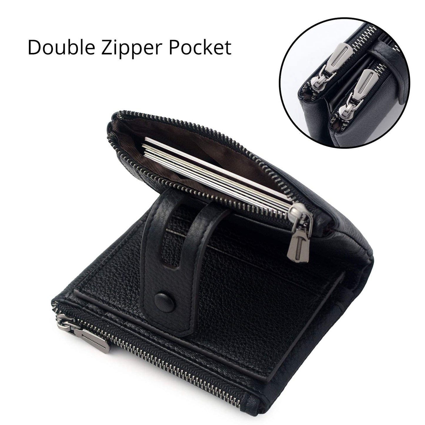 Bveyzi Small Soft Leather Wallet for Women RFID Blocking Ladies Card Holder with Double Zipper Pocket (Black)
