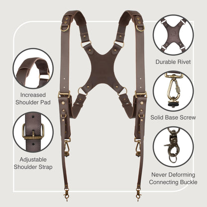 4J LEDR Camera Harness for 2 Cameras,Dual Shoulder Leather Camera Strap for DSLR/SLR,Full Grain Leather Harness,Multi Double Camera Gear Strap,Double Camera Harness for Photographers,Brown