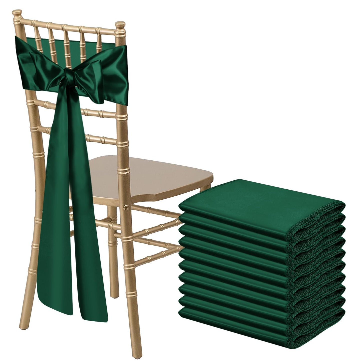 Bouiexye 10 PCS Forest Green Satin Chair Sashes Bows Universal Chair Ribbon Ties Back Sash for Wedding Party Reception Events Banquets Hotel Event Chair Cover Decoration (7x108 inch)