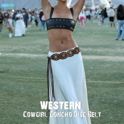 XZQTIVE Women's Boho Disc Belt Concho Western Cowgirl Cowboy Belt for Ladies Wide Vintage Leather Waist Belt for Dress
