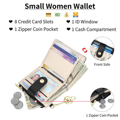 GAEKEAO Small Wallet for Women RFID Blocking Bifold Card Holder Vegan Leather with Zipper Coin Pocket, ID Window, Keychain