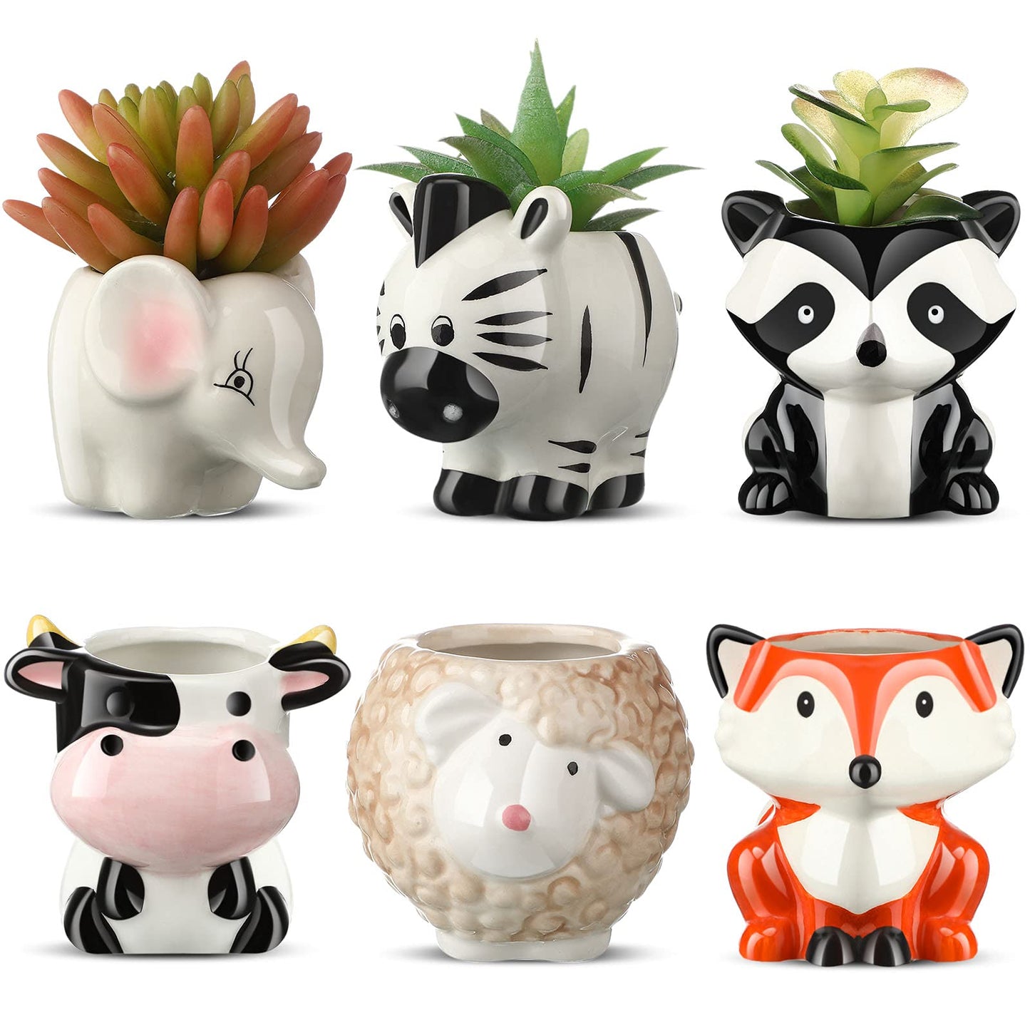 Patelai 6 Pieces Cute Animal Succulent Planter Pot with Drainage Hole, Cartoon Cow Elephant Ceramic Flower Plant Pot Tiny Flower Planter Cactus Container Indoor Outdoor Office Home Decor