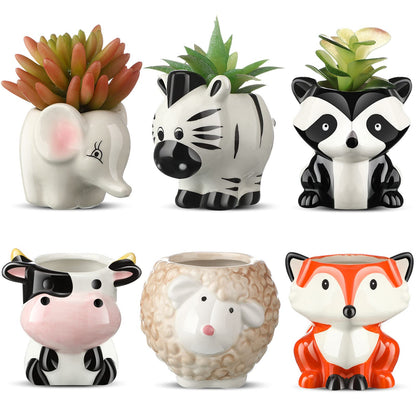 Patelai 6 Pieces Cute Animal Succulent Planter Pot with Drainage Hole, Cartoon Cow Elephant Ceramic Flower Plant Pot Tiny Flower Planter Cactus Container Indoor Outdoor Office Home Decor