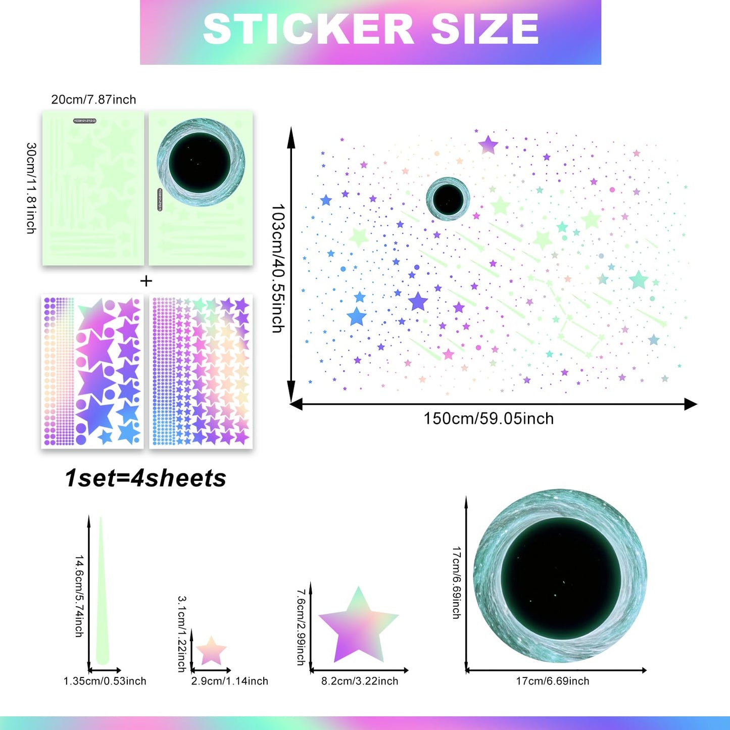 Glow in The Dark Black Hole Wall Stickers Iridescent Star with Meteor Galaxy Decals Peel and Stick Funny Art Decor for Kids Room, Bedroom (Galaxy)