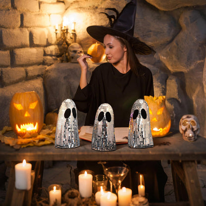 Gemscream 3 Pcs Halloween Disco Ghost Decor 5.9 Inch Silver Mirror Disco Balls Table Decoration Silver Glitter Spooky Ghost Sign Halloween Tiered Tray Decor Mosaic Table Centerpiece for Party Gift