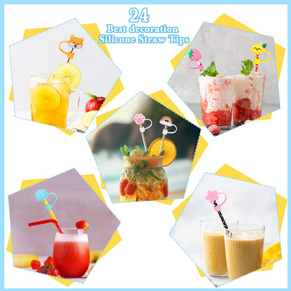 Nuenen 24 Pcs Straw Covers Caps Silicone Reusable Topper Tips Cute Cartoon Lids Splash Proof Plug for 6-8 mm Straws Tumblers Summer Beach Party Favors Home Kitchen Accessories