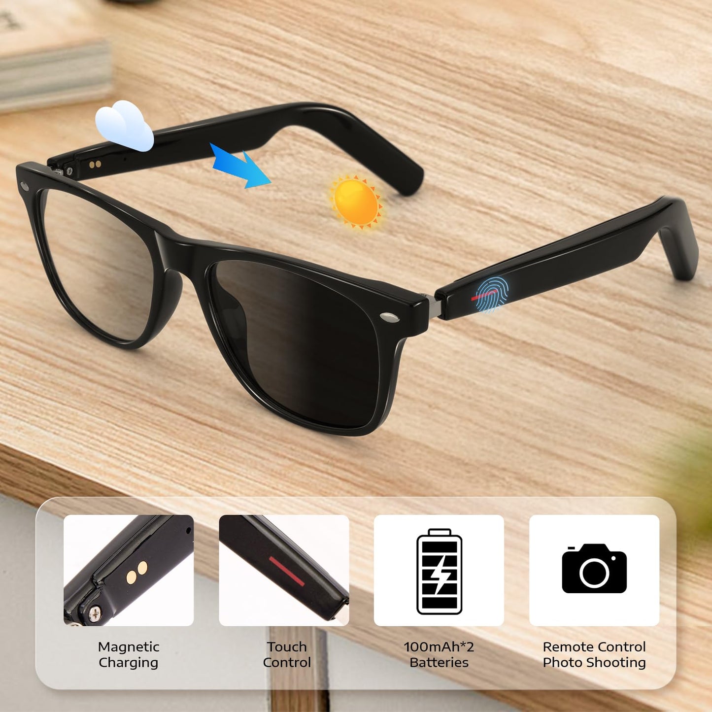 Smart Sunglasses Glasses for Men Women with AAC Speaker Open Ear Music Touch Buttons Remote Photo Voice Assistant Hand-free Calling, Unisex Audio Intelligent Bluetooth 5.0, Great Gift for Friends