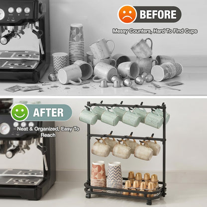 Samhe Coffee Mug Holder for Countertop, Coffee Cup Holder Rack with 14 Hooks, Metal Mug Tree Stand with Storage Base for K Cup Coffee Pod Paper Cups Tea Bag - Black