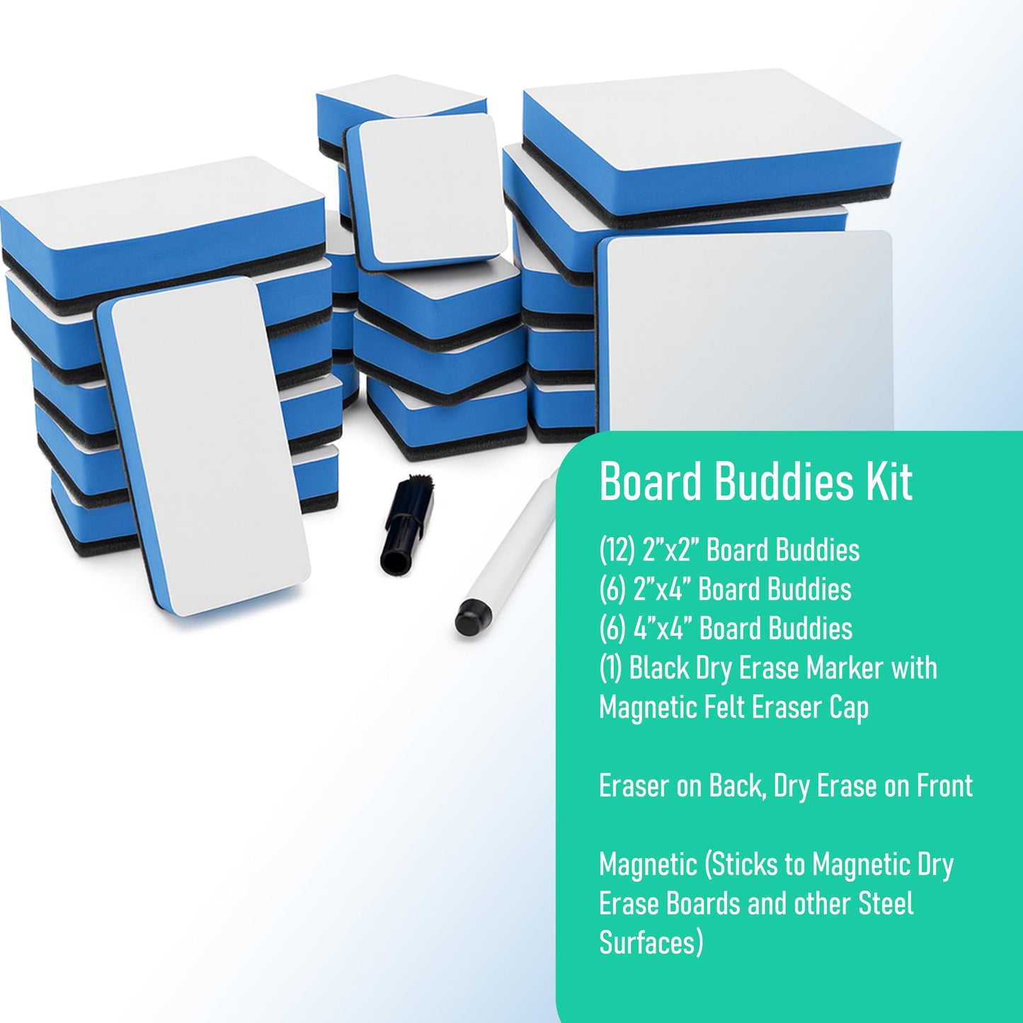 Flipside Products Dry Erase Board Buddies Combo Set, Students and Kids, Whiteboard Erasers, Brainstorming, Flow Charts, Classroom - 25 Pack