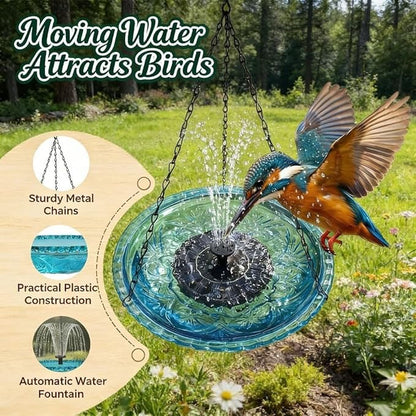 Hanging Solar Bird Bath Fountain with Water Pump, Plastic Basin, 4 Nozzles, Sturdy Metal Chains, Outdoor Garden Decor (Cannot Spray Water, Blue)