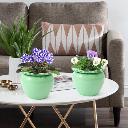 Tbpro Self Watering Plant African Violet Flower Pot 6.5 * 4.6 * 4 Inch Green Ceramic Pot Maintenance Indoor Plant Self Watering Seeder Plant Planting High Absorption Plant Inner Flower Pot