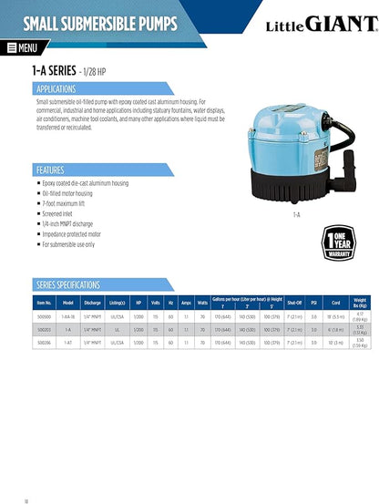 Little Giant 1-AT 115-Volt, 1/200 HP, 170 GPH Small Submersible Permanently Oiled Pump for Fountains, Water Displays and Air Conditioners, 10-Foot Cord, Blue, 500286