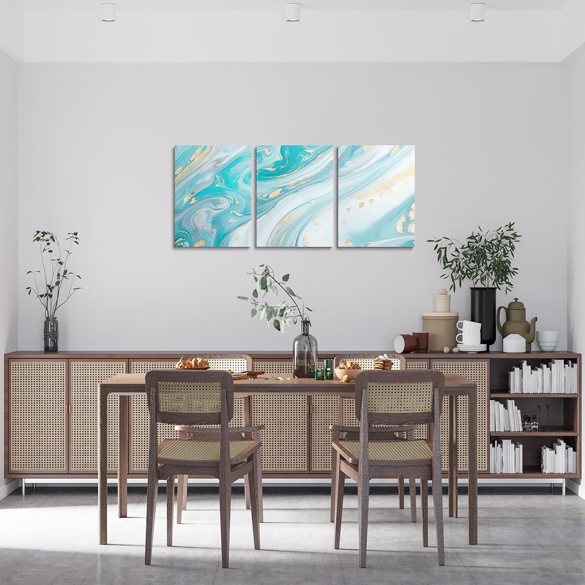 3 Piece Blue Marble Canvas Wall Art for Living Room Bedroom, Pastel Golden Blue Golden Paintings Wall Decor Modern Abstract Wall Art Luxury Decor Poster Prints Ombre Artwork Prints
