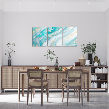 3 Piece Blue Marble Canvas Wall Art for Living Room Bedroom, Pastel Golden Blue Golden Paintings Wall Decor Modern Abstract Wall Art Luxury Decor Poster Prints Ombre Artwork Prints