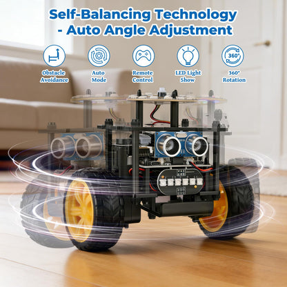 Elfew STEM Robot Car Toys for Kids 8-13, DIY Building Educational Robot Kit, 2WD Self-Balancing RC Car with Ultrasonic Obstacle Avoidance, 360° Rotation, LED Lights, Ideal Gift for Boys Girls