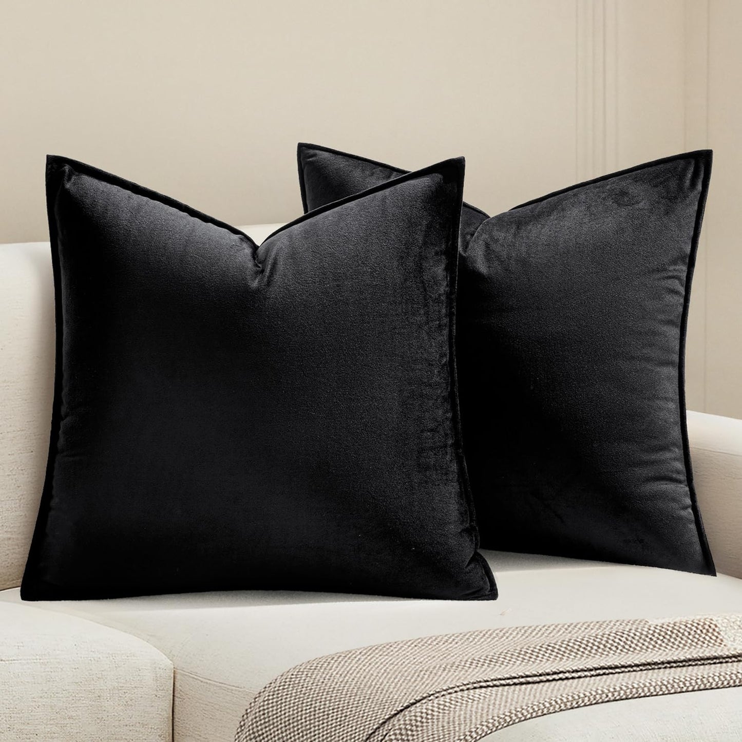 MIULEE Black Velvet Throw Pillow Covers 18x18 Soft Decorative Solid Square Cushion Cases Pack of 2 Modern Luxury Home Decor for Couch, Sofa, Bedroom