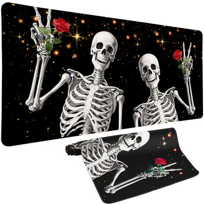 Love, Roses and Skulls Mouse Pad Desk Mat, Waterproof Black XXL Extended Large Gaming Mouse Pad Halloween Skull Rose Desk Pad Mousepad XXL Extended Keyboard Mat Mouse Mat, 31.5 x 15.7 in