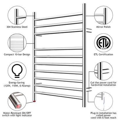 HEATGENE Towel Warmer Wall-Mounted Hardwired Heated Towel Rack Hot Towel Bar Brushed