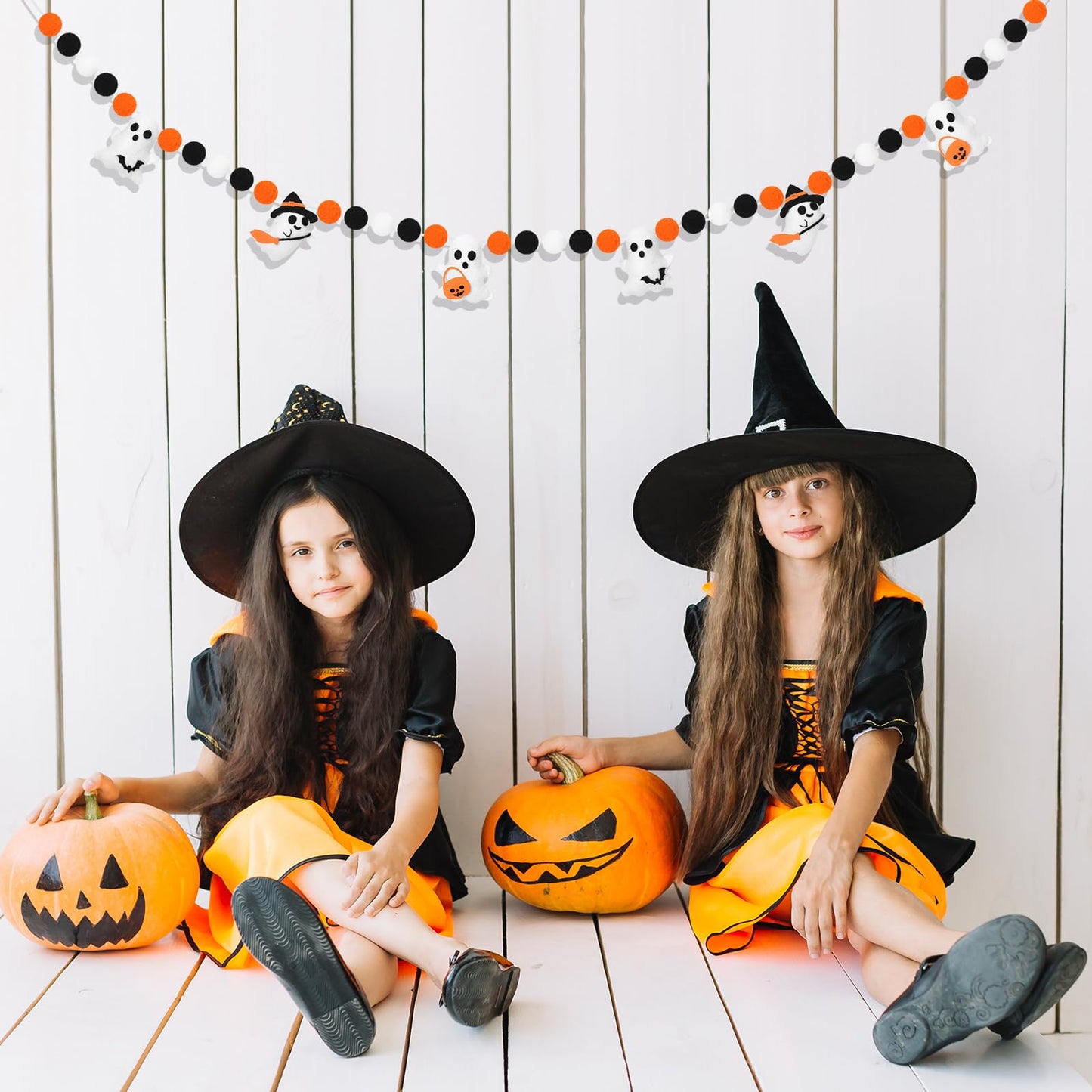 JarThenaAMCS 8.2Ft Halloween Felt Banner 3D Ghost Hanging Garland Black Orange White Pom Ball Banner for Trick or Treat Birthday Home Mantel Wall Window Party Supplies