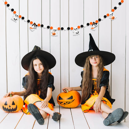 JarThenaAMCS 8.2Ft Halloween Felt Banner 3D Ghost Hanging Garland Black Orange White Pom Ball Banner for Trick or Treat Birthday Home Mantel Wall Window Party Supplies