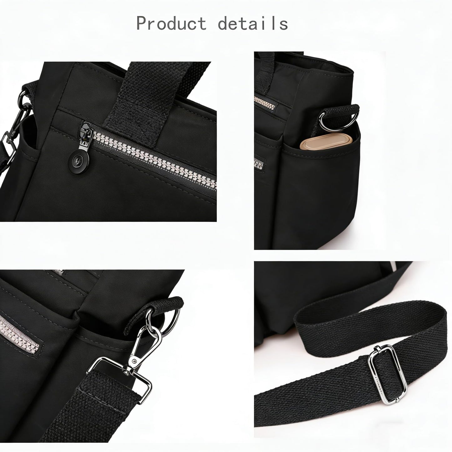 Lamprod Crossbody Aesthetic Tote Bag with zipper Shoulder Messenger School Bag Work Large multi pocket Tote Bag for Women Nylon Purse Casual Travel Handbag Commuter Tote(Black