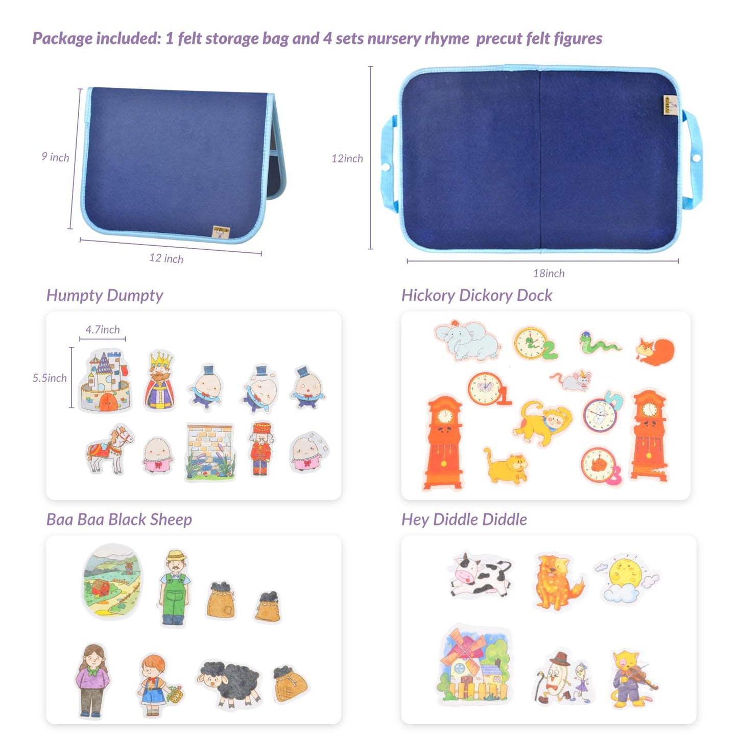 CHEFAN Felt Board for Toddlers, 4 Set Nursery Rhymes Felt Pieces, Precut Flannel Figures, Humpty Dumpty,Hey Diddle Diddle,Hickory Dickory Dock,Baa Baa Black Sheep